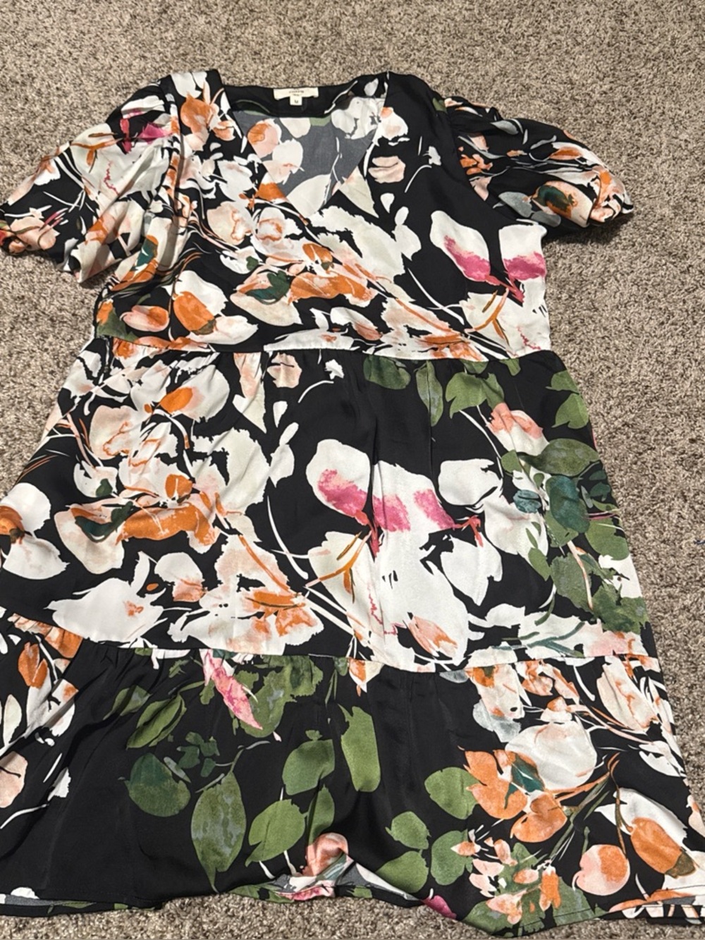 entro Black Floral Print Dress with Pink and Orange Blooms